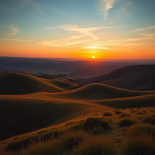 Generate an image of a serene landscape with rolling hills and a sunset, captured with a Canon EOS 5D Mark IV, 50mm lens, f/8 aperture, ISO 100, 1/125s shutter speed, using a wide-angle view to enhance the depth and richness of colors.