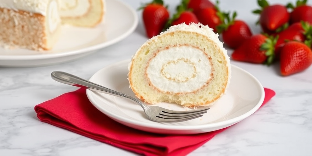 A slice of coconut roll cake on a white plate with a silver fork beside it on a red napkin, fresh strawberries in the background, and a marble countertop.