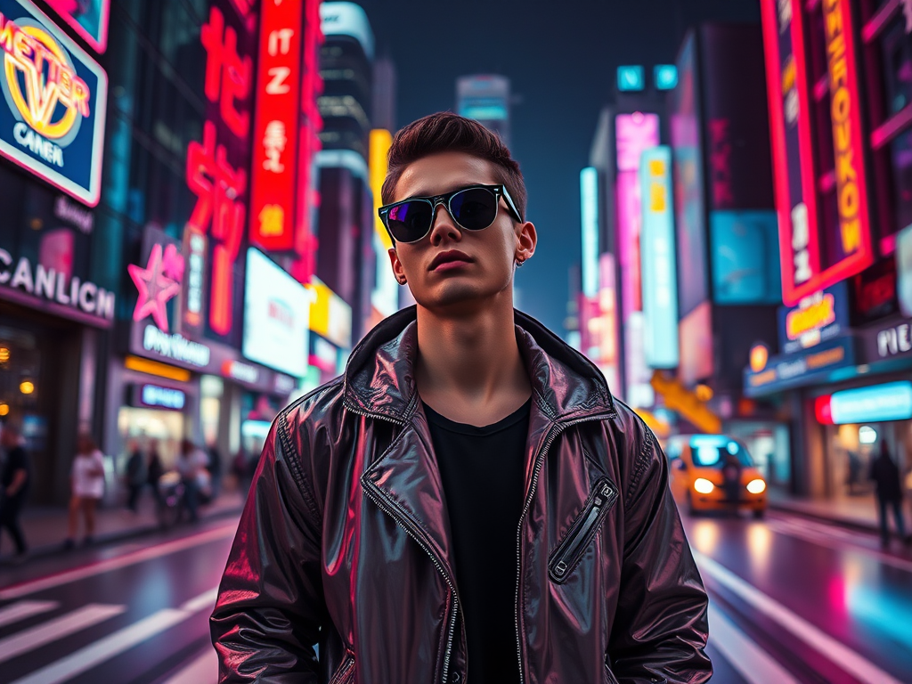 A futuristic cityscape at night featuring a person in a shiny metallic jacket and stylish sunglasses, vibrant neon lights illuminating the surroundings, shot with a Canon EOS R5 at 50mm, f/1.8, ISO 200, with a cinematic perspective and high dynamic range.