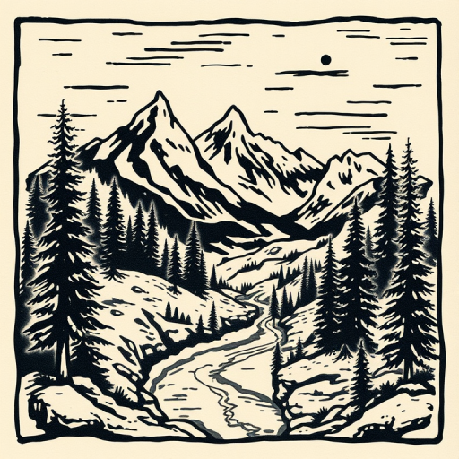 Rustic woodcut-style tattoo called "Wanderer's Tale" depicting a scenic wilderness landscape with mountains, trees, and a winding river, rendered in a style reminiscent of vintage illustrations found in old adventure novels, with bold lines and crosshatching creating texture and depth that gives the tattoo a timeless and nostalgic quality
