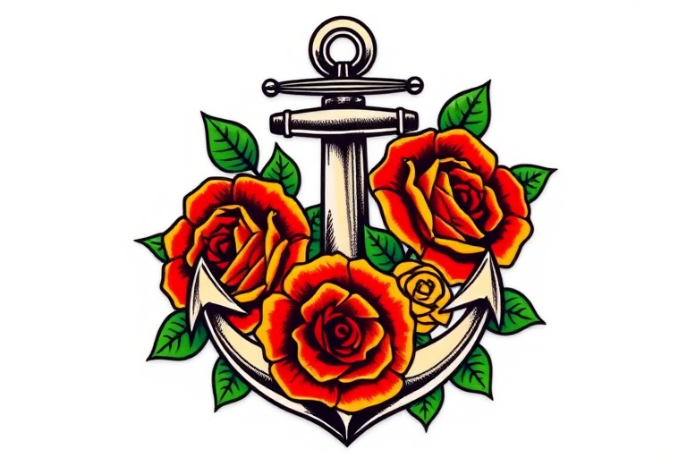 Traditional American tattoo style piece called "Sailor's Devotion" featuring a bold anchor wrapped in vibrant roses with classic red, green, and yellow color palette and thick black outlines