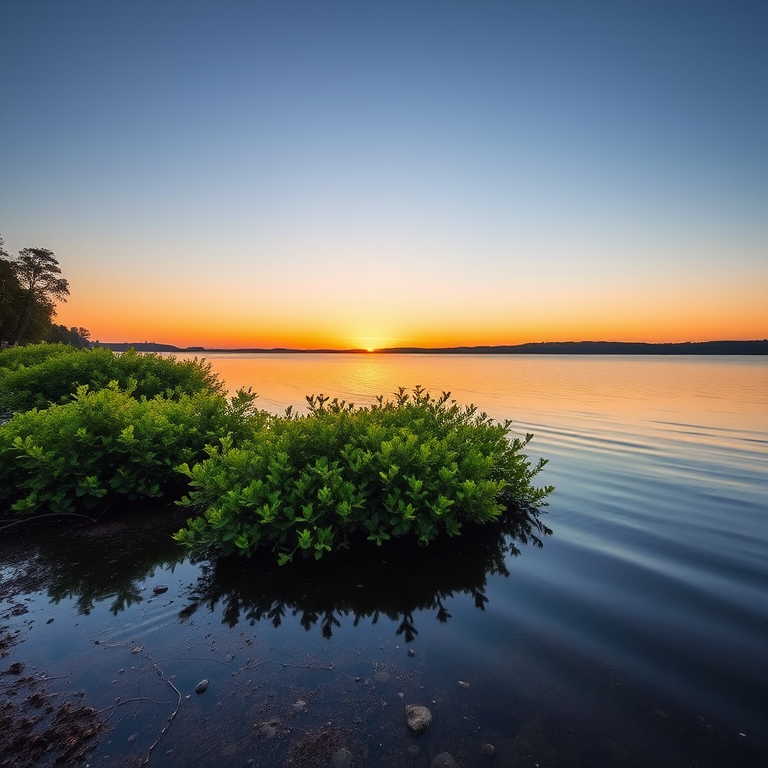 Capture a serene lakeside landscape during sunset with lush shrubs partially submerged in water, using a DSLR camera, 24mm lens, aperture f/8, ISO 100, and a slow shutter speed of 1/30s for smooth reflections, shot at eye level to emphasize the tranquil atmosphere.
