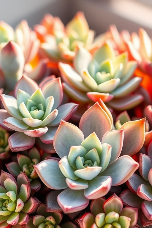 Create a high-resolution watercolor painting of various succulent plants, featuring a close-up view with soft, natural lighting, using a Canon EOS R5 camera with a 50mm f/1.2 lens, aperture set to f/4 for crisp detail, shutter speed at 1/125 sec, and ISO 100 for vibrant colors.