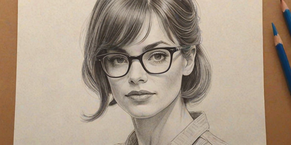 Wonderful Stephanie Szostak, pencil sketch, portrait of Exquisite woman 1959s in glasses, hair style beatnik, outline, clear lines, fine lines, 8k