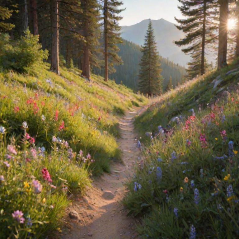 Soft-focus image of a picturesque mountain trail, with vibrant wildflowers lining the path, soft sunlight filtering through the trees, and a distant hiker softly blurred in the background.