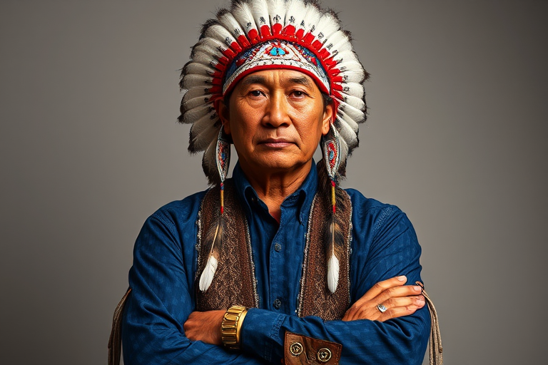Create a dignified portrait of a Native American man dressed in traditional attire. He wears a beautifully crafted headdress adorned with white feathers and red beads, along with a beaded headband featuring intricate patterns. His clothing includes a deep blue, patterned shirt and a traditional chest piece with detailed beadwork. His arms are crossed, displaying leather armbands decorated with feathers. The background is simple and neutral, emphasizing his proud and stoic expression. The overall image captures the rich cultural heritage and strength of his persona.
