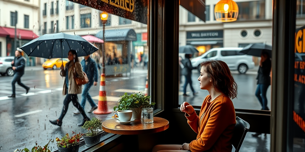 Small cafe on a rainy street, raindrops sliding down the window as a woman sits at a corner table, warm coffee in hand, watching passersby hurry with umbrellas.