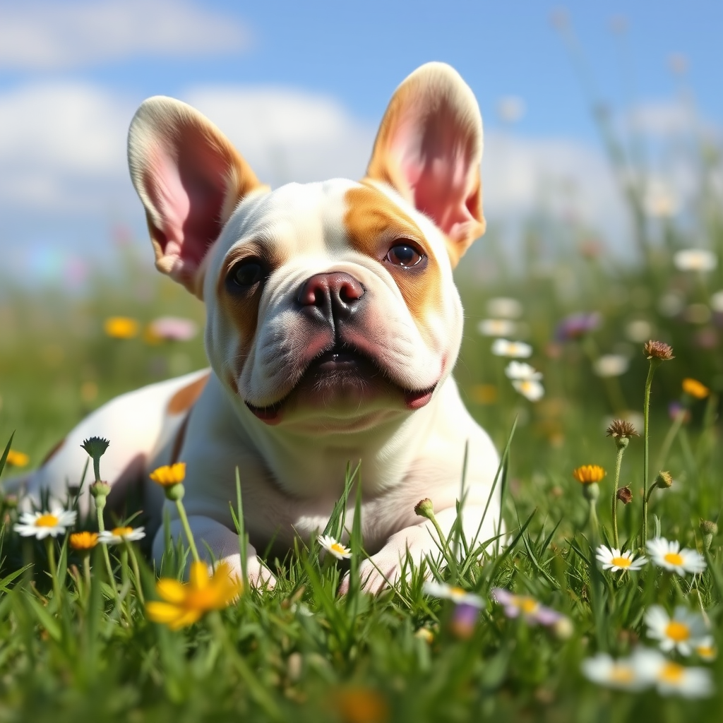 a whimsical fantasy image of a 1year old Exotic Micro Bullie dog whose white with tan spots, lying in the grass with Wildflowers all around her, blue skies and sunshine