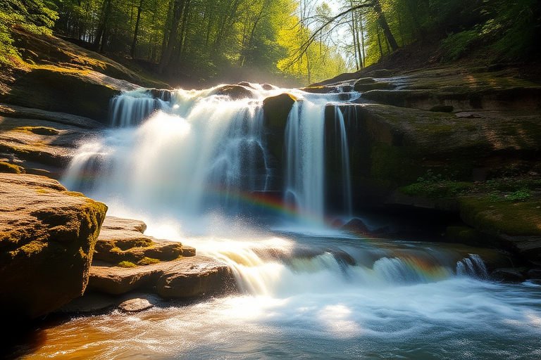 Sharp, high-resolution image of a waterfall cascading over moss-covered rocks, sunlight filtering through the trees above, soft mist rising from the base of the falls, a rainbow faintly visible in the spray, the sound of rushing water filling the air.