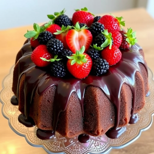 Chocolate bundt cake topped with fresh strawberries and blackberries drizzled with chocolate ganache displayed on a decorative cake stand.