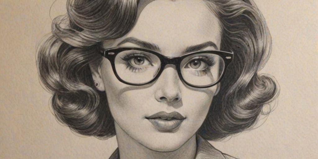 Alluring Jade Tailor, pencil sketch, portrait of Alluring woman 1955s in glasses, hair style beatnik, outline, clear lines, fine lines, 8k