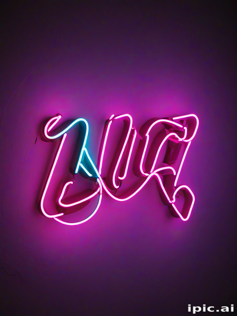 Vibrant Neon Sign in Pink and Blue Against a Dark Background