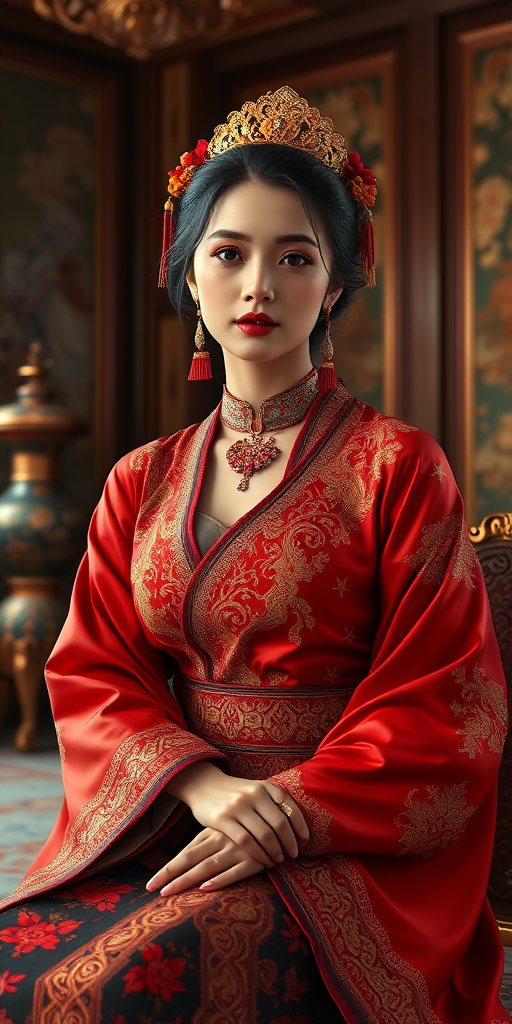 A beautiful Turkish woman in traditional East Asian attire, intricately detailed with embroidered patterns, sitting gracefully in a richly decorated room, soft ambient lighting, serene and elegant, ultra-realistic, 8K resolution