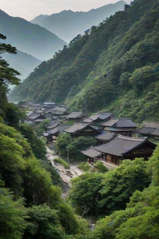 An ancient Asian architectural complex nestled in a tranquil valley, featuring buildings with traditional East Asian characteristics, including upturned eaves and black tiled roofs. The surrounding area is lush with dense trees and green vegetation, complemented by rocks and mountains, creating a serene and mystical atmosphere. The complex consists of several houses arranged orderly at different elevations, with stone-paved paths winding up the slopes. Distant peaks are faintly visible through the mist, adding a touch of ethereal beauty. The scene is bathed in soft light, giving it an air of timeless tranquility where time seems to slow down.