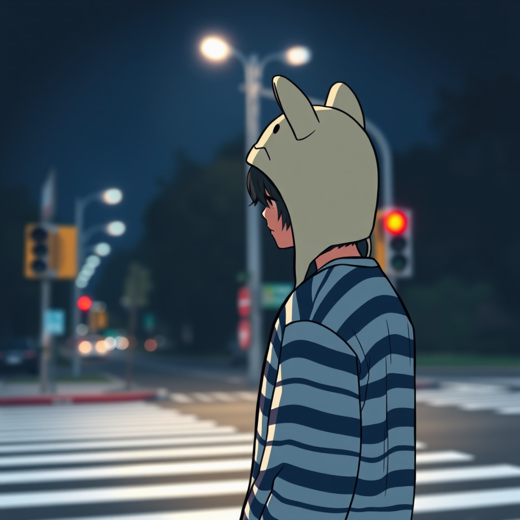 Create a night scene illustration of a person in a striped shirt and a cat ear hat standing at a crosswalk with blurred streetlights in the background, using a DSLR camera with a 50mm lens, aperture f/1.8, ISO 200, and a low angle view to emphasize depth and dynamic lighting.