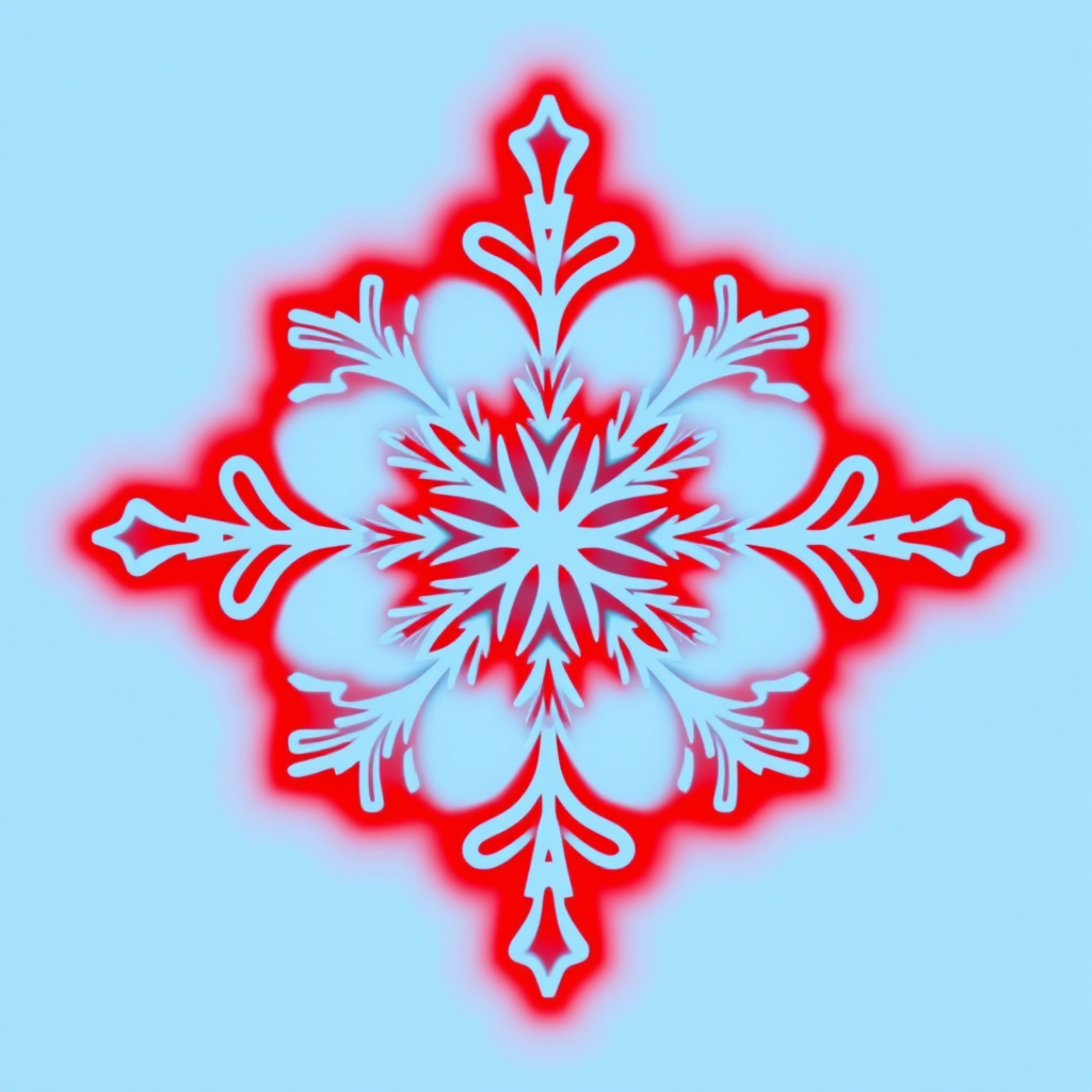 Generate an image of a snowflake design with a blue background and a red border, using a DSLR camera with a wide aperture (f/2.8), ISO 100, 50mm lens, taken from a frontal view, high dynamic range.