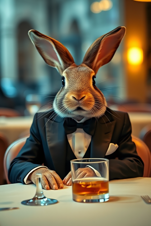 A sophisticated rabbit in a tuxedo sitting at a dining table with a glass of whiskey, 50mm lens, f/1.8 aperture, 1/125 shutter speed, soft focus background, high dynamic range, portrait style photography.