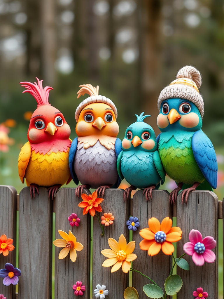 create a scene of 4 quirky  whimsical colourful comical birds each with a funny expression. they are sat on a wooden fence with colourful flowers. they are all different sizes. each one is a different colour  one is wearing a woolly hat. Each one has a different quirky google expression and there is a muted background of trees watercolour paintierly style high definition 8k resolution 3D paper mache