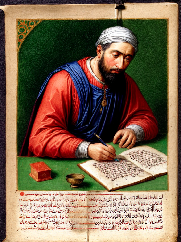 A medieval Muslim man writing in manuscripts with a quill