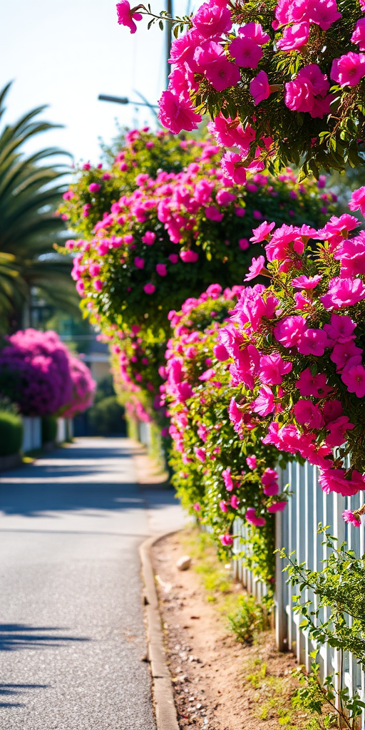 landscape photograph of a quiet street lined with vibrant pink flowers on fences, sharp focus, f/8 aperture, ISO 100, 1/200 sec shutter speed, wide-angle lens, captured with a DSLR camera during midday sunlight