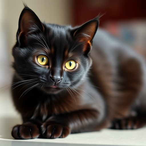 Generate a high-resolution image of a stylized black cat with a playful pose, shot using a DSLR camera at f/2.8 aperture, ISO 100, 50mm lens, with natural lighting from the left, focusing on the vibrant eyes and sleek fur.