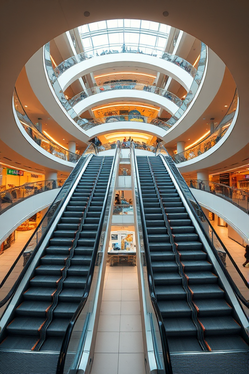 interior of a modern shopping mall featuring two escalators facing each other in a circular atrium, soft ambient lighting, high angle view, f/4 aperture, ISO 200, 24mm lens, digital camera, HDR effect for enhanced vibrancy and detail