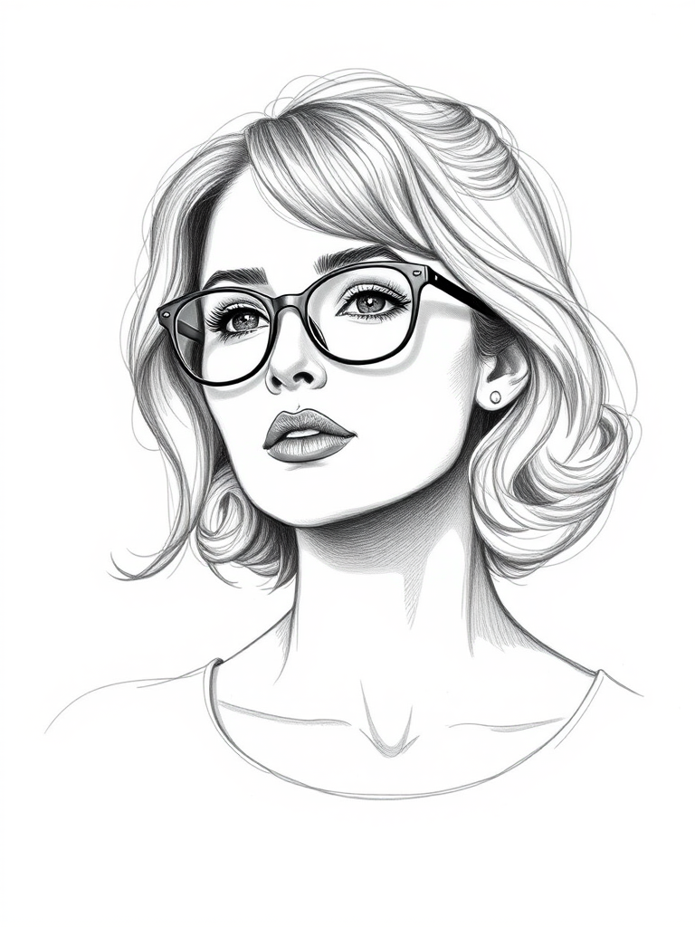 Beautiful Rosamund Pike, pencil sketch, portrait of beautiful woman 60s in glasses, hair style beatnik, outline, clear lines, fine lines, 8k