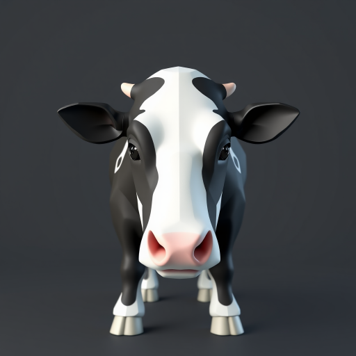 create a low-poly 3D model of a black and white cow, front view, soft lighting, high-resolution, DSLR camera, f/1.8 aperture, 50mm lens, ISO 100, 1/250 sec shutter speed