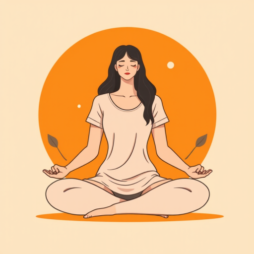 Create a digital illustration of a woman sitting cross-legged in a serene pose, with a minimalist style; use soft colors for clothing and a bold orange background; add leaves on each side; use a flat design approach; include high resolution, 300 DPI, Adobe Illustrator settings, and a vector art style.