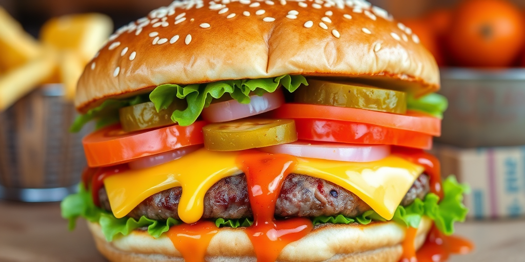High-resolution, close-up image of a gourmet double cheeseburger. The burger features a glossy, sesame-seed-topped brioche bun. Inside, there are two thick, juicy beef patties, each topped with melted cheddar cheese. The burger is garnished with fresh lettuce, tomato slices, diced onions, and pickles. A generous amount of ketchup and a creamy, orange-colored sauce is dripping down the sides, adding to the mouth-watering appeal. In the background, there are blurred elements including a side of golden French fries and a hint of a beverage, enhancing the overall presentation of a delicious meal.
