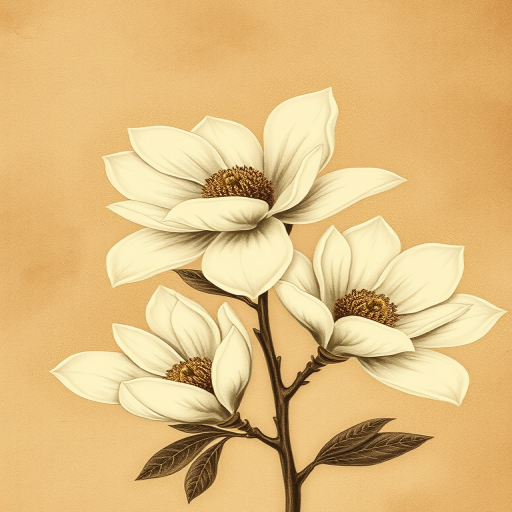 a vintage-style illustration of magnolia flowers on a textured background in sepia tones