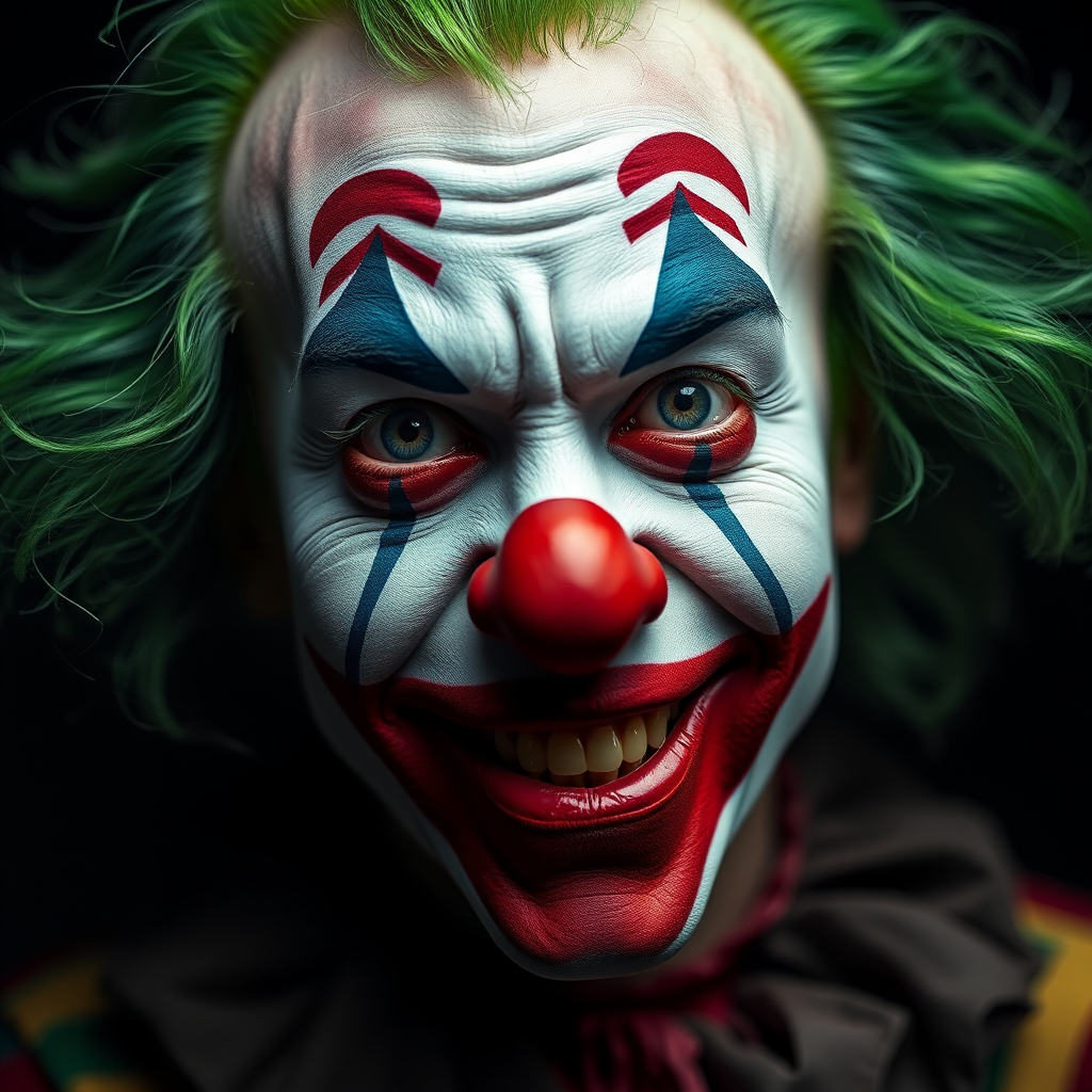 Regenerate a close-up portrait of a colorful clown with green hair and exaggerated facial makeup, using a Canon EOS R5 with a 50mm lens, aperture set at f/1.8 for shallow depth of field, ISO 100 for minimal noise, and soft studio lighting for enhanced details and contrast, maintaining a dark background to emphasize the clown's expression and attire.