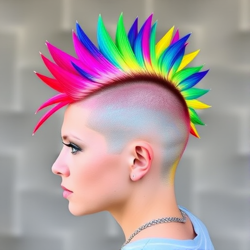 Bold rainbow mohawk called "Prism Punk" features a vibrant spectrum of colors in a perfectly blended gradient, styled with sharp spikes and shaved sides