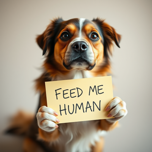 dog holding a note which says "FEED ME HUMAN"