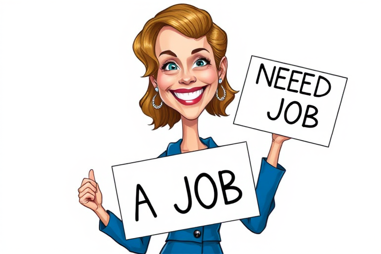 caricature of a smiling Emma Stone in a Cobalt dress or suit, holding up a sign that says "NEED A JOB", no watermark,