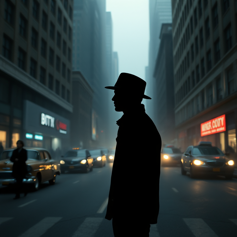 Generate a moody urban scene featuring a silhouetted figure in a fedora standing on a foggy street with skyscrapers, vintage cars, and blurred pedestrians, captured in low-light conditions using a DSLR camera with a 50mm lens at f/1.8, ISO 100, and a shutter speed of 1/125s, with a cinematic style and dramatic lighting.