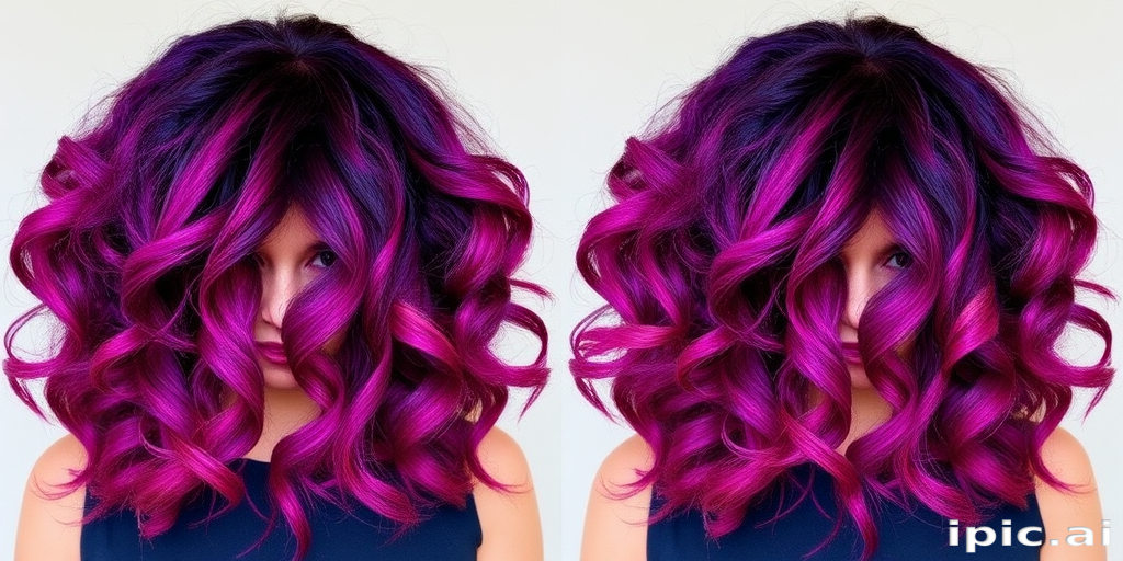 Deep purple to magenta gradient hair styled in loose spiral curls, known as "Twilight Cascade" style, featuring a center part and face-framing tendrils