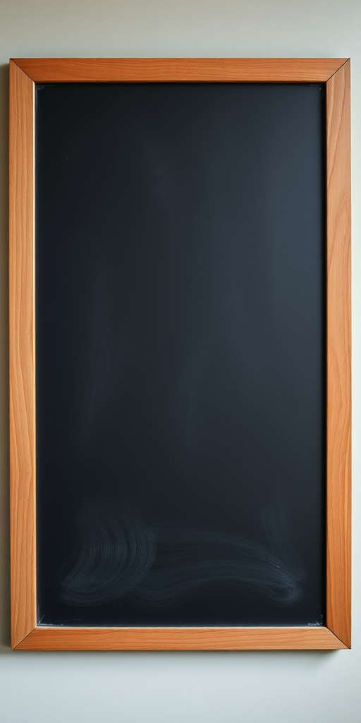 Create a highly detailed image of a clean wooden framed chalkboard with a smooth, slightly glossy surface using a Canon EOS 5D Mark IV, f/8 aperture, ISO 100, 24mm lens, natural lighting, and a straight-on perspective.