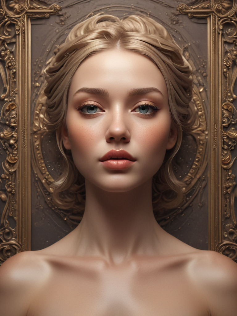 Elegant Portrait of a Young Woman Against an Ornate Background Design