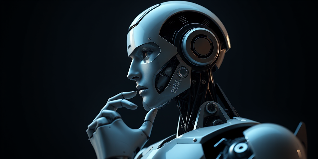 A highly detailed humanoid robot in a thoughtful pose, studio lighting, depth of field, ISO 100, aperture f/4, shutter speed 1/125s, 50mm lens, 3D render style.
