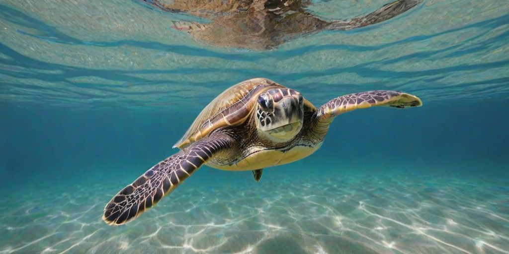 a sea turtle swimming gracefully through clear blue ocean water with a sandy ocean floor beneath and gentle waves above