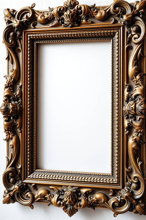 Create a high-resolution image of an ornate vintage picture frame with intricate details, using a DSLR camera with a 50mm lens, aperture set to f/2.8, ISO 100, and natural lighting, capturing the frame in a slightly angled view to emphasize its texture and design.