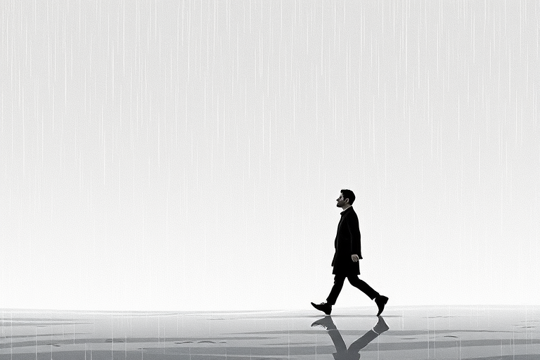 Create a minimalist illustration of a person walking in the rain, using a monochromatic color palette with shades of black and white, captured with a Canon EOS R5, 50mm f/1.2 lens, aperture set to f/2.8, ISO 100, with a soft gradient background and detailed raindrops.