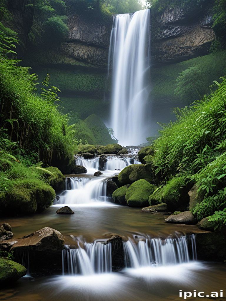 A Serene Waterfall Cascading Through Lush Greenery in a Tranquil Forest ...