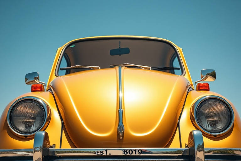 Generate an image of a vintage gold Volkswagen Beetle facing forward with a sunny, clear blue sky background, using a DSLR camera at f/8 aperture, 1/250s shutter speed, ISO 100, in high dynamic range style, and a 35mm lens for sharp detail.