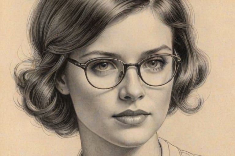 Alluring Sarah Lancaster, pencil sketch, portrait of Fetching woman 1924s in glasses, hair style beatnik, outline, clear lines, fine lines, 8k