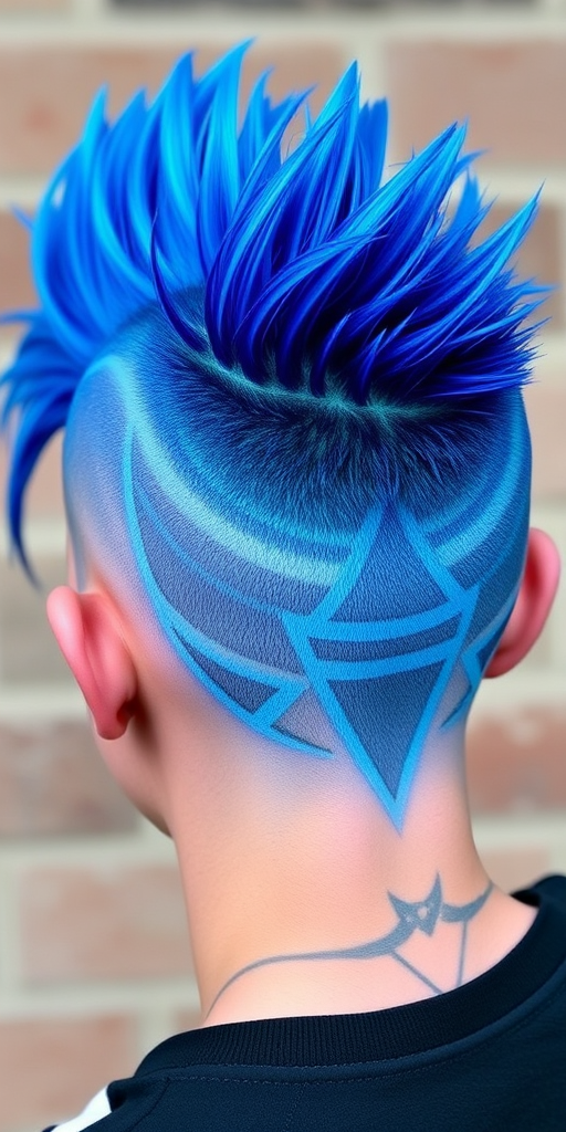 Electric blue hair styled in a mohawk with shaved sides and intricate geometric patterns buzzed into the scalp showcases the edgy "Neon Warrior" look, featuring vibrant cyan and cobalt highlights that create a striking contrast against the darker base color, resulting in a bold and rebellious style