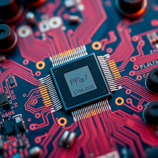 macro shot of a circuit board with intricate circuitry and a prominent microchip, with warm orange and blue tones, aperture f/2.8, shutter speed 1/60s, ISO 200, 50mm lens, DSLR camera, top-down view, high dynamic range