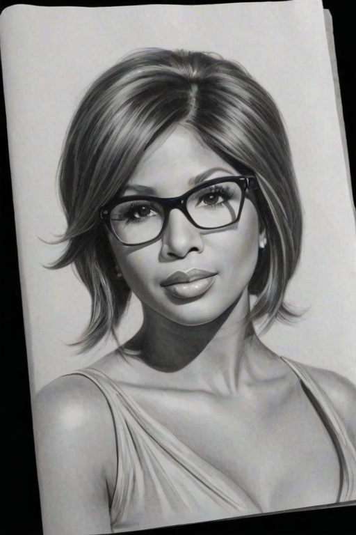 Stunning Toni Braxton, pencil sketch, portrait of Charming woman 1958s in glasses, hair style beatnik, outline, clear lines, fine lines, 8k