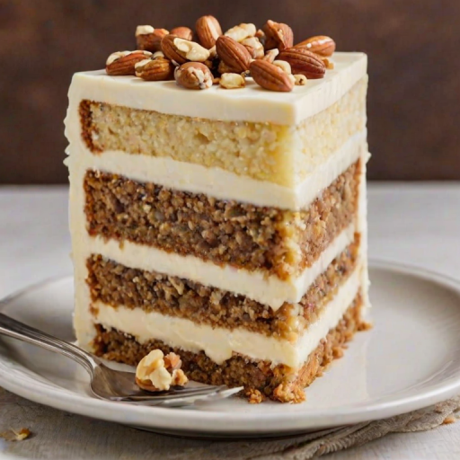 Generate an image of a slice of cake with layers of cream cheese frosting and a mix of nuts on top. The cake should have a moist texture and show visible layers of cake and frosting. The background should be softly blurred to emphasize the cake slice.